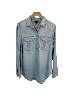 Joe Fresh Chambray Popover Top Womens M Light Blue Lyocell Casual Classic EUC